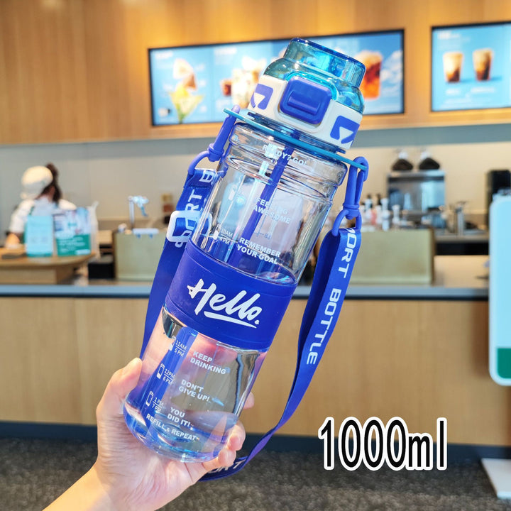 Women's large sports water bottle with motivational time markings Bowlift
