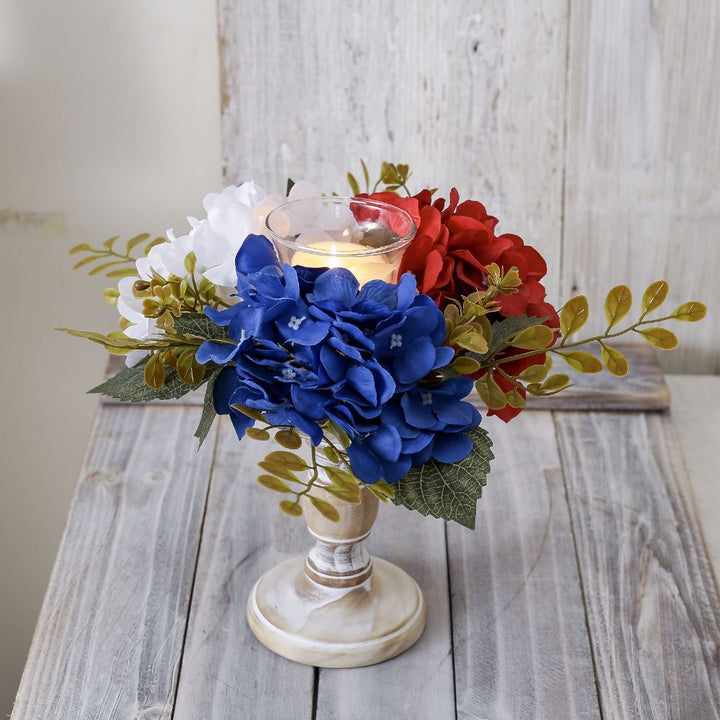 Unisex decorative candle plate with glass candle holder and artificial hydrangeas in country house style Bowlift