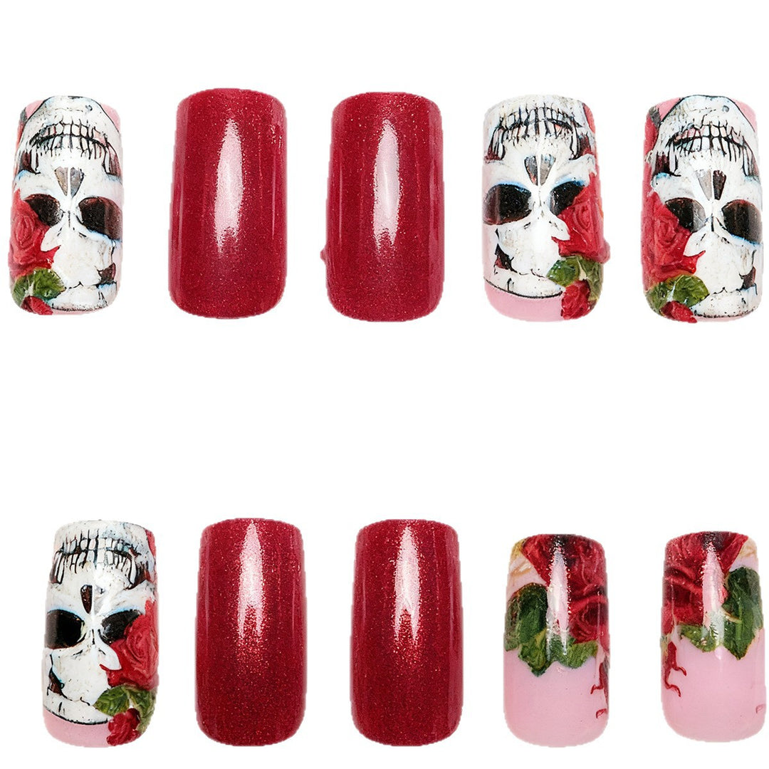 Artistic Nail Tips with Skull and Rose Pattern Bowlift