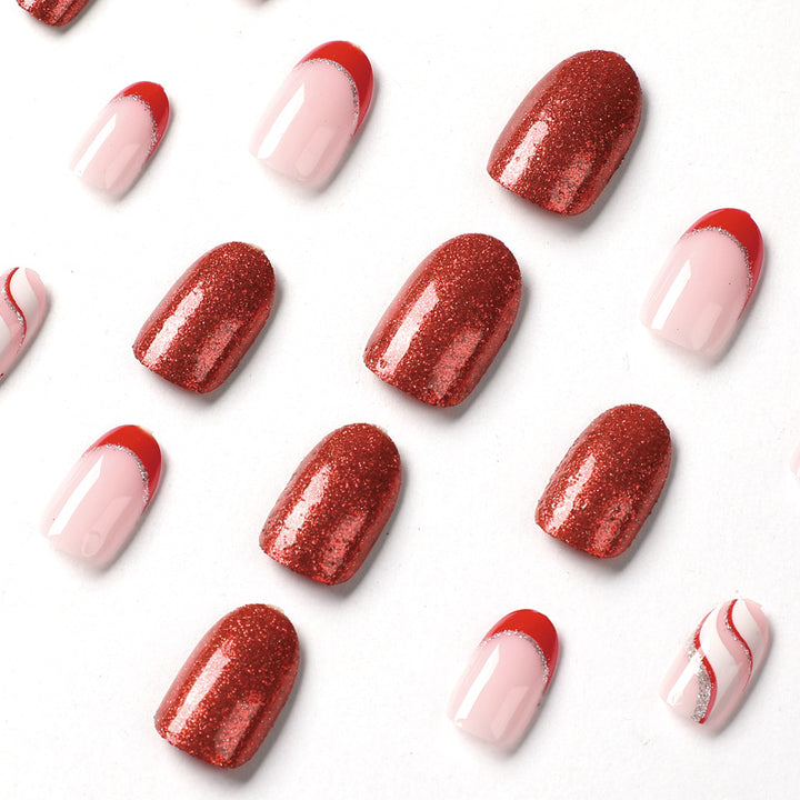 Artful Nail Extensions with Glitter and Wave Pattern Bowlift
