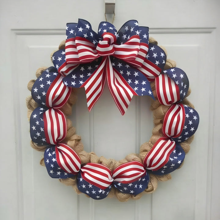 Unisex nan rustic jute door wreath with patriotic star and stripe ribbon and voluminous bow Bowlift