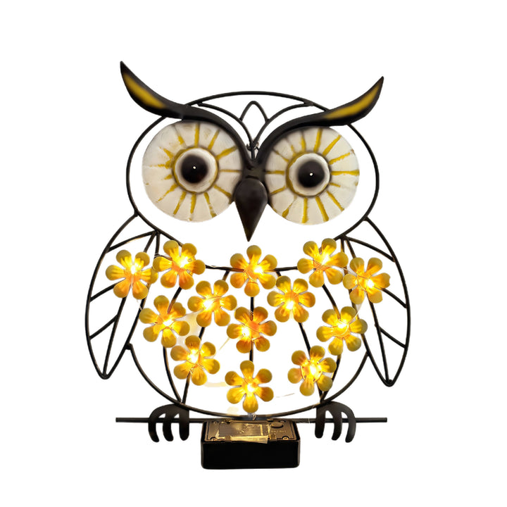 Metal Owl Wall Art With Solar Powered LED Floral Lights And Iron Frame Bowlift