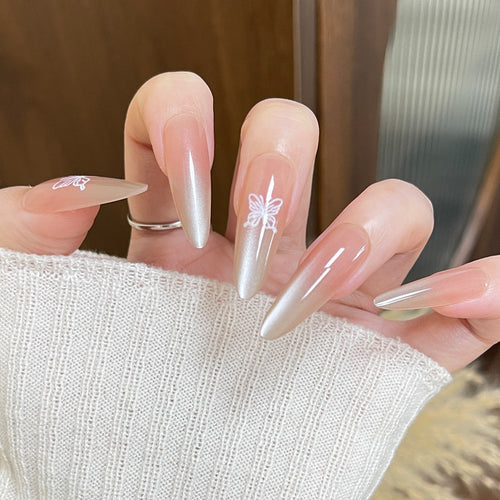 Artistic Acrylic Stiletto Nails with Butterfly Design Bowlift