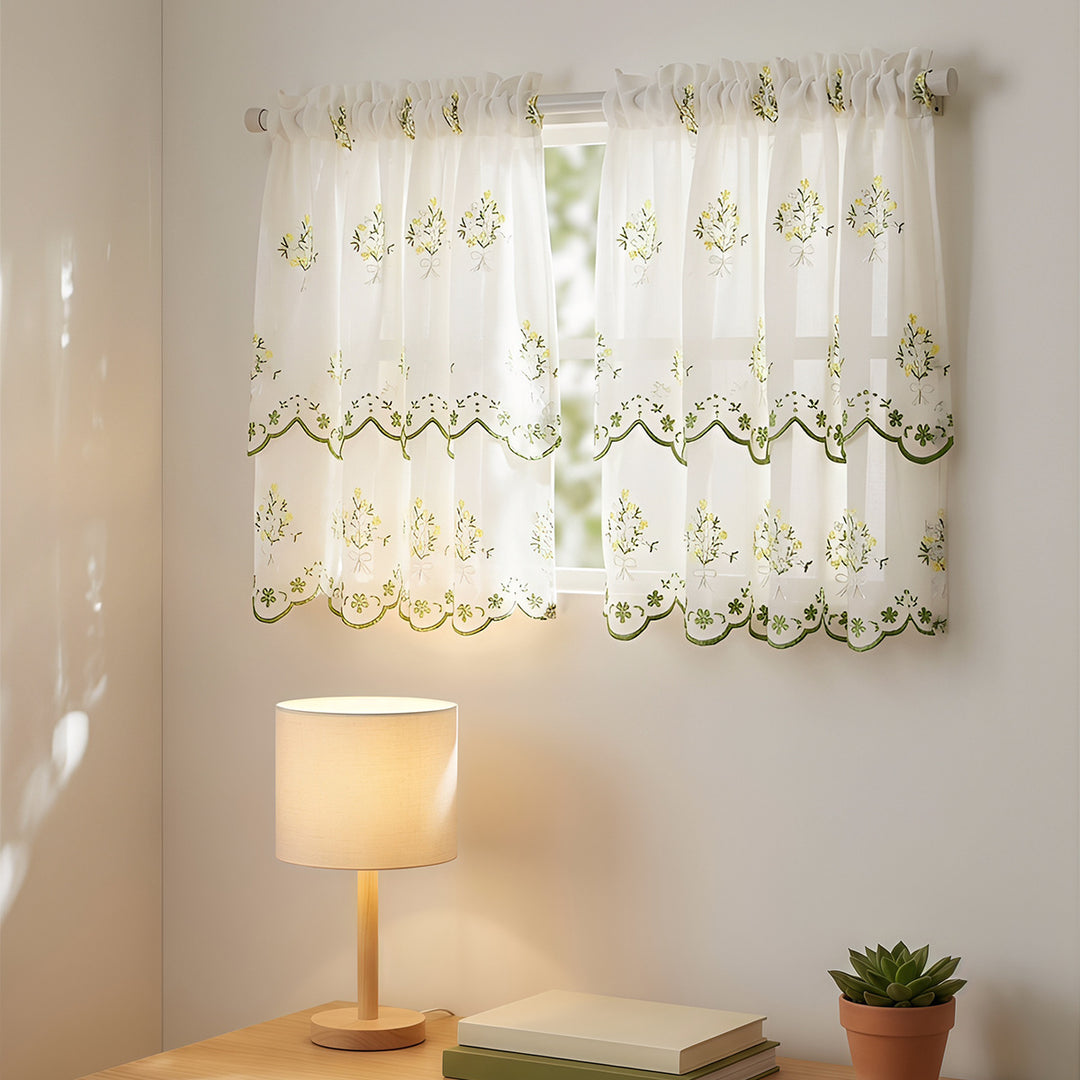 Floral Embroidered Kitchen Window Curtain