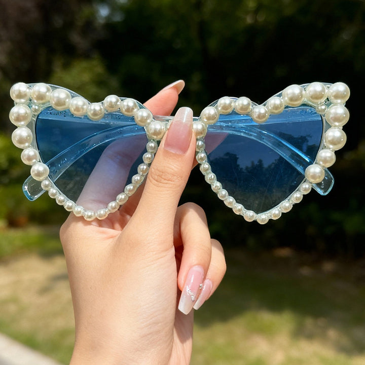 Decorative Pearl-Embellished Cat-Eye Sunglasses Bowlift