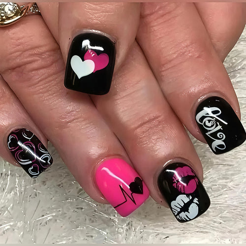 Acrylic nail design with hearts and kiss motifs Bowlift