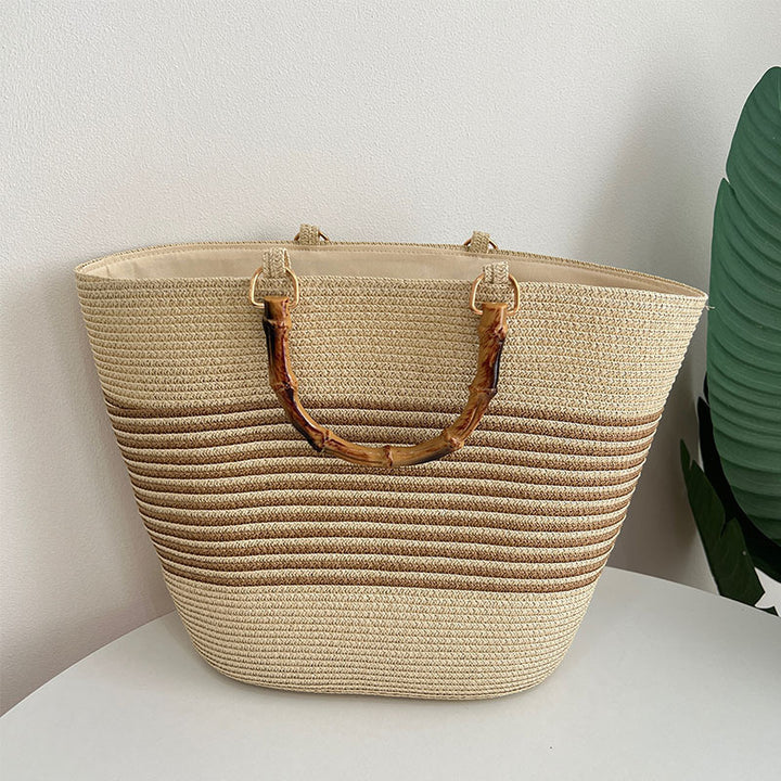 Stylish straw bag with high-quality wooden handle Bowlift