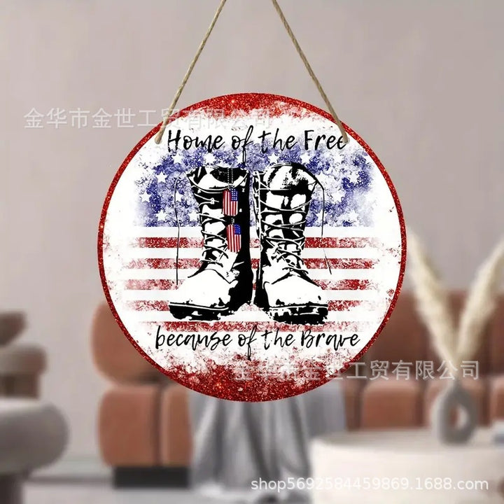 Independence Day rustic round wooden patriotic cross wall plaque with floral accents and God Bless America banner Bowlift