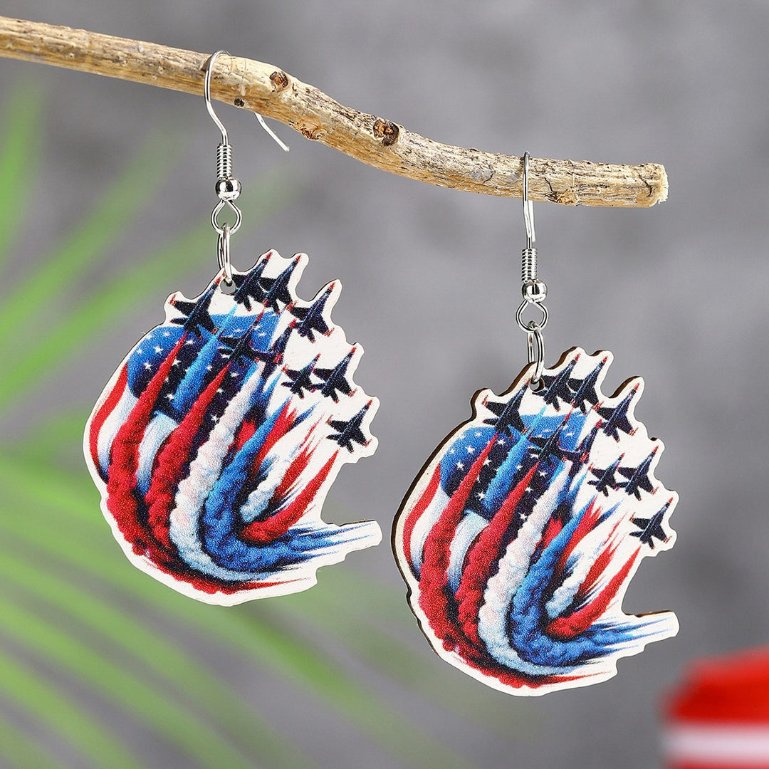 Ladies' lightweight wooden earrings in airplane jet design with patriotic motif and hypoallergenic fish hook Bowlift