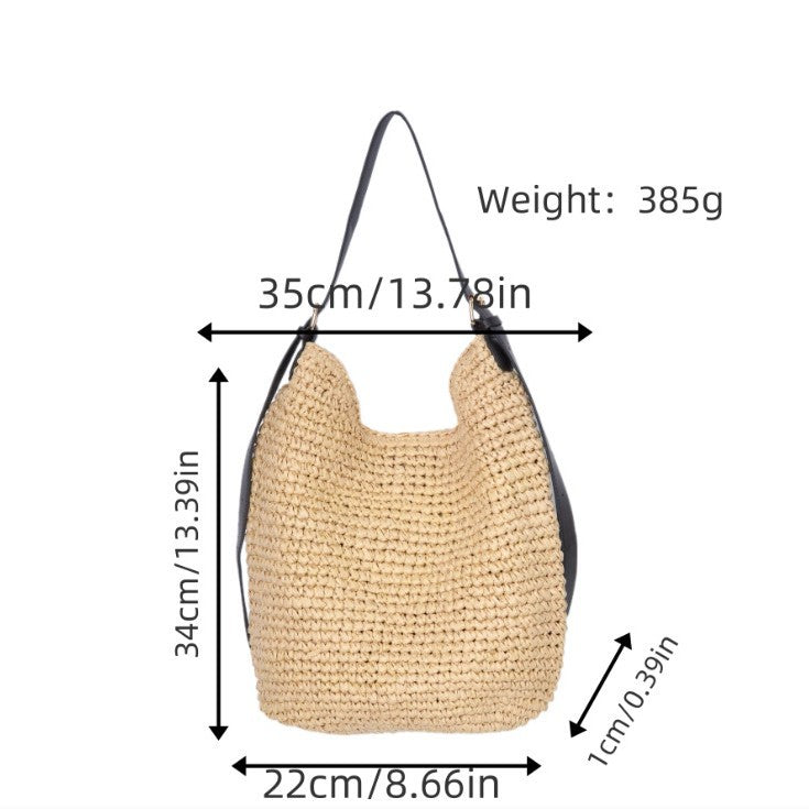 Trendy Shoulder Bag with Natural Weave and Leather Accents Bowlift