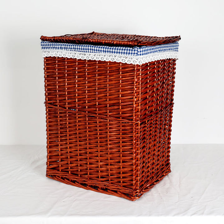 Ladies laundry basket with checked fabric cover and elegant lace trim Bowlift