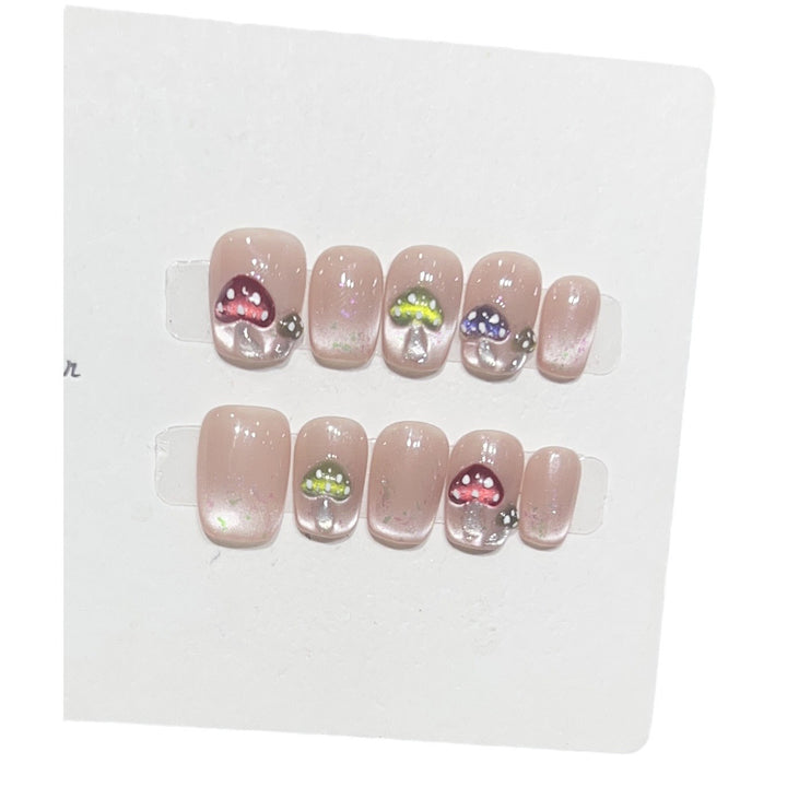Artistic Press-On Nail Set with Playful Mushroom Designs Bowlift