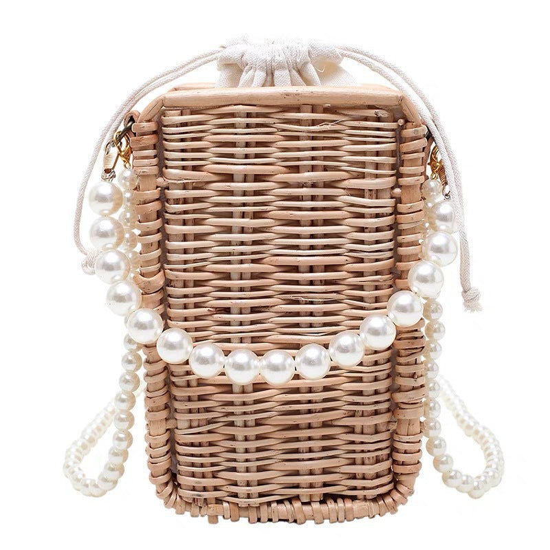 Women's Trendy Basket Bag with Pearl Chain Bowlift