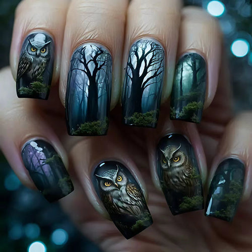 Artificial nails with elegant owl and forest motif Bowlift