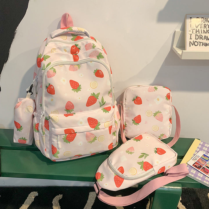 Stylish Strawberry Print Backpack Set