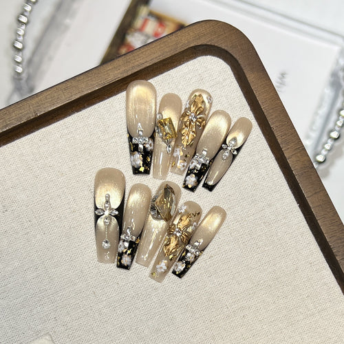 Elegant Decorative Press-On Nail Art Set with Rhinestone and Floral Accents Bowlift