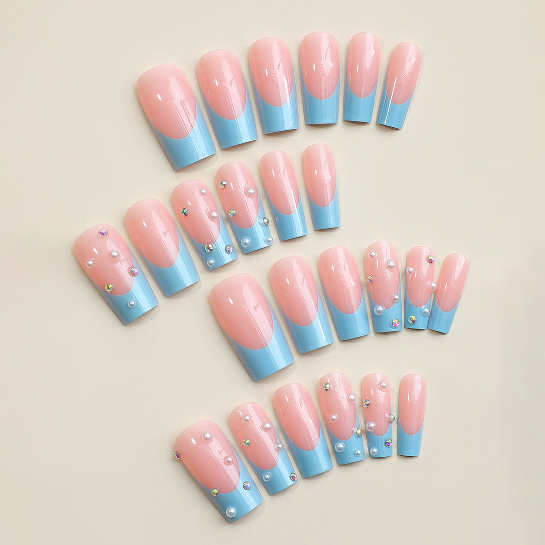 Premium Decorative Press-On Nail Set with Elegant Blue Tips and Jewel Accents Bowlift