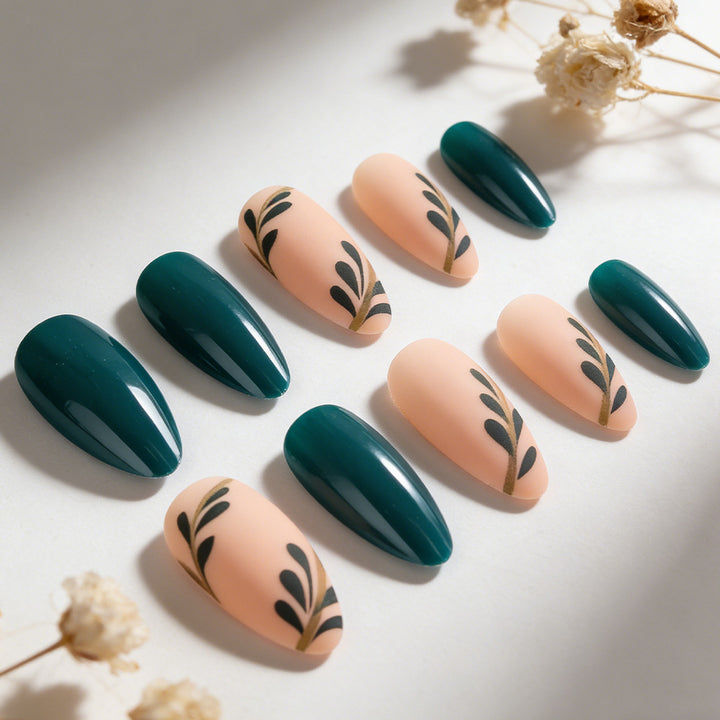Artistic Press-On Nails with Leaf Design Bowlift