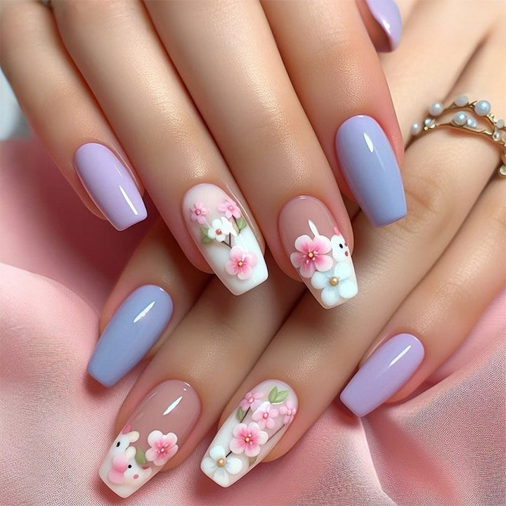 Artificial nail set with colorful flowers and creative French design Bowlift