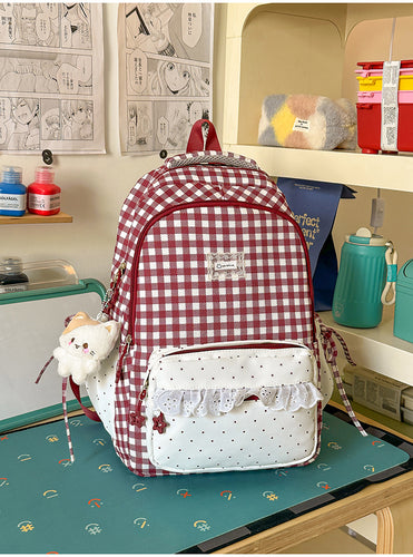 Adorable Gingham-Patterned Multi-Pocket School Backpack