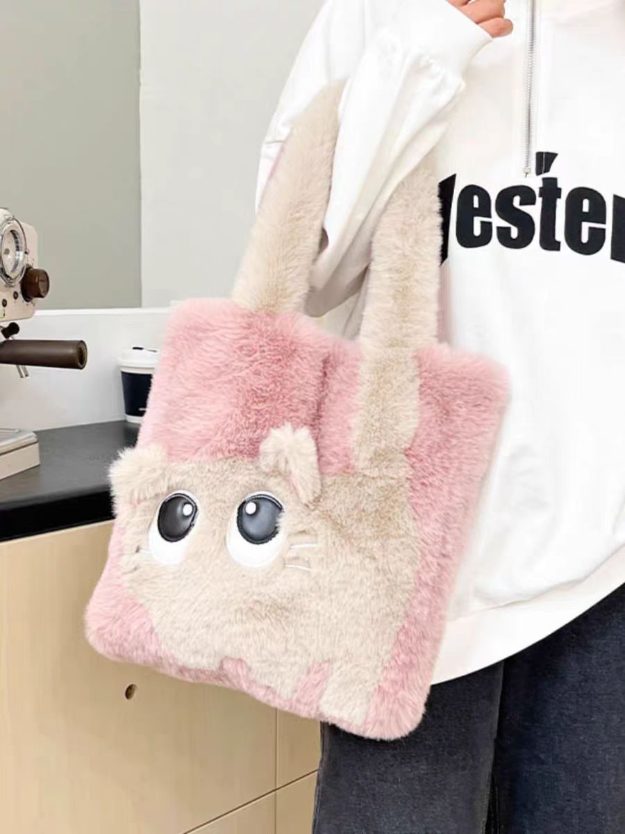 Plush Faux Fur Cartoon Eye-Appliqué Tote Bag with Bow Shoulder Straps Bowlift