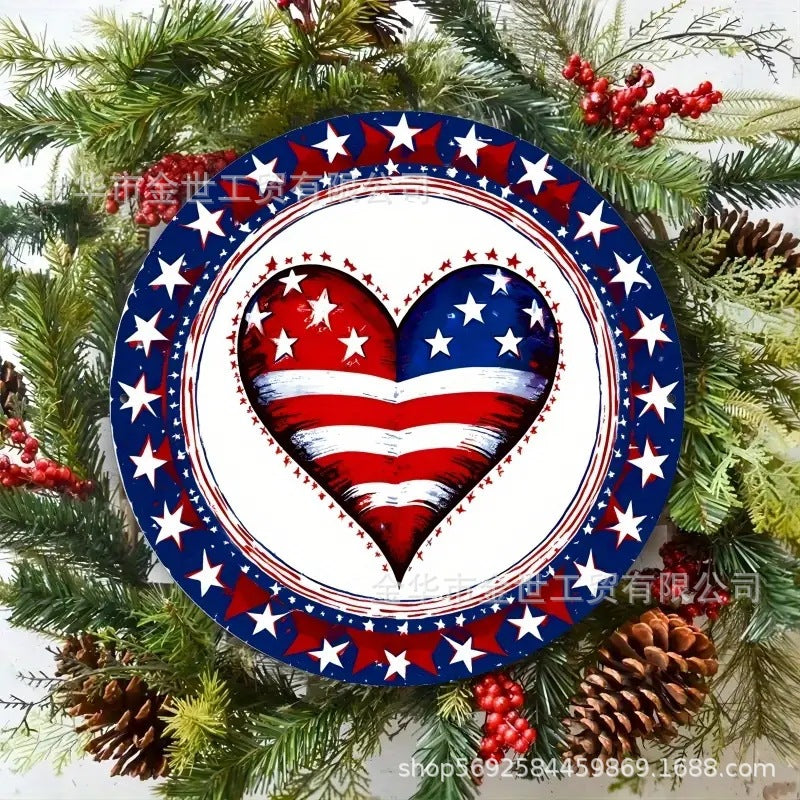 Independence Day rustic round wooden patriotic cross wall plaque with floral accents and God Bless America banner Bowlift