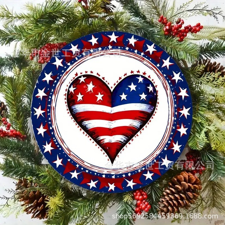 Independence Day rustic round wooden patriotic cross wall plaque with floral accents and God Bless America banner Bowlift