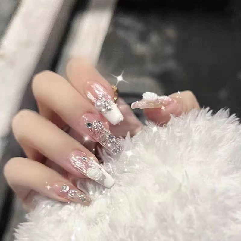 Elegant artificial nails with glitter and flower decoration Bowlift