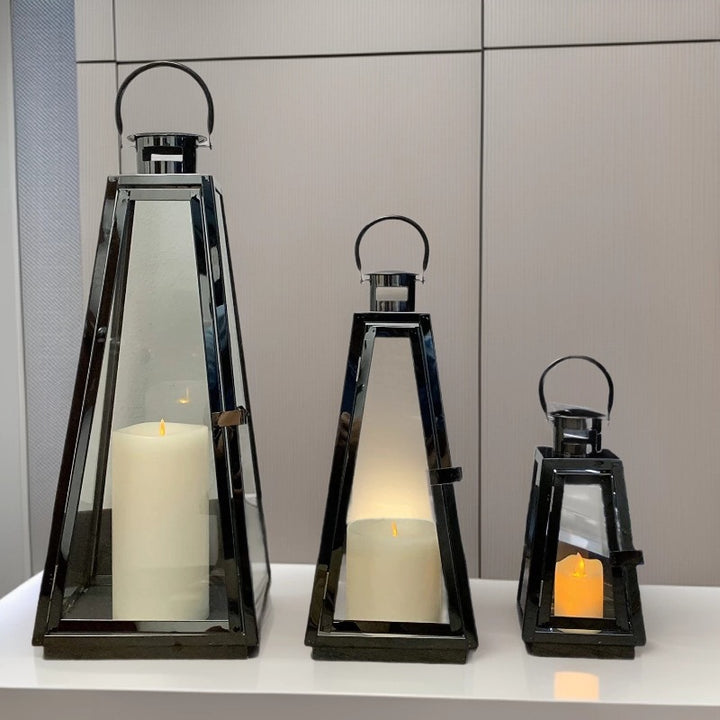 Modern Triangular Glass Candle Lantern Set with Gold Metal Frame Bowlift