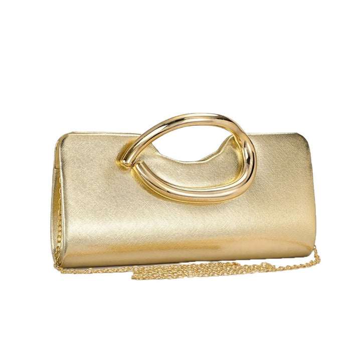 Structured Metallic Evening Clutch with Sculptural Polished Metal Handle Bowlift