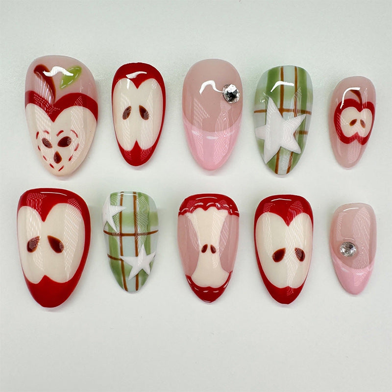 Artificial nail set with cheerful apple and star pattern Bowlift