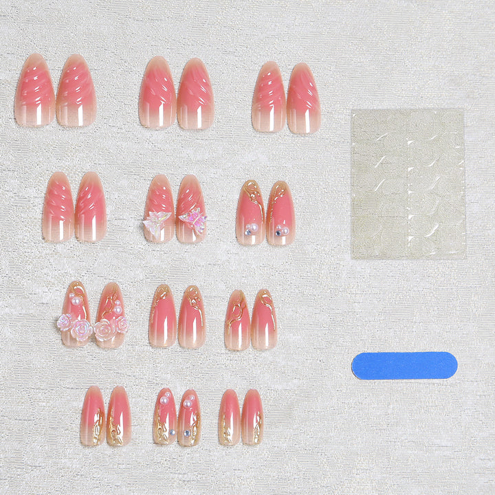 Artificial nails with delicate rose design and glitter accents Bowlift