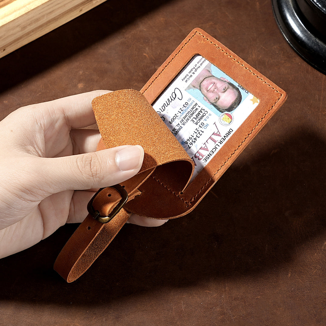 Genuine Leather Luggage Tag with Adjustable Buckle and ID Window Bowlift