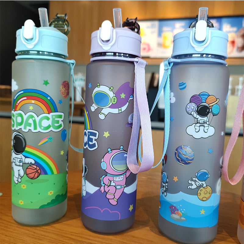 Women's water bottle in space design with practical carrying strap Bowlift