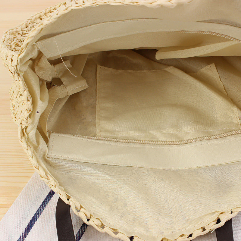 Round Bast Tote Bag with Leather-Embellished Handles Bowlift
