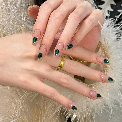 Elegant Press-On Nail Art with Gemstone Accents Bowlift