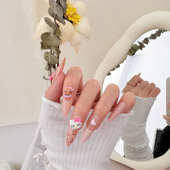 Artistic Press-On Nail Set with Floral and Gemstone Accents Bowlift