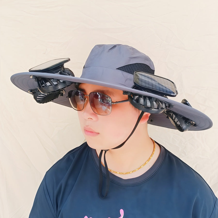 Wide-brimmed sun hat with detachable swivel solar fans and adjustable chin strap Bowlift