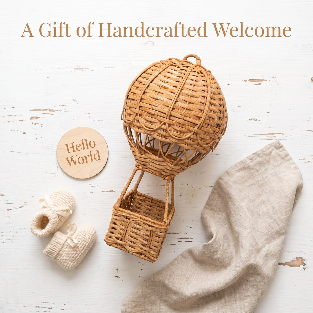 Handwoven storage basket in hot air balloon design Bowlift