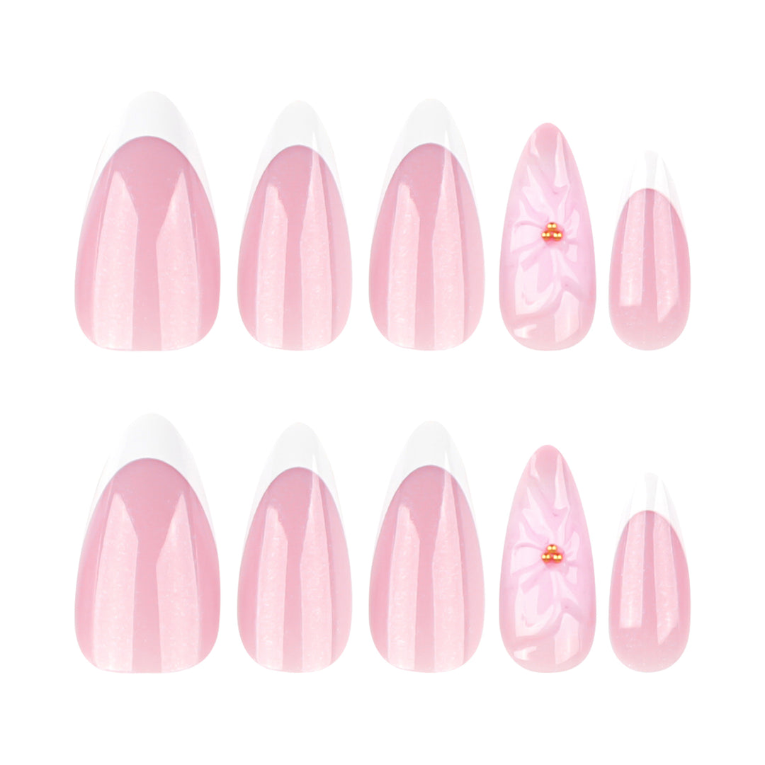 Artistic French-Tip Nail Extensions with Flower Accents Bowlift