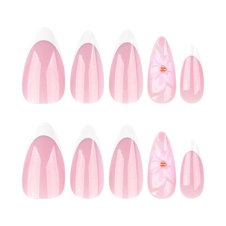 Artistic French-Tip Nail Extensions with Flower Accents Bowlift