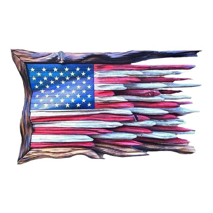 Unisex nan reclaimed wooden American flag wall sculpture with layered driftwood planks and rustic charred frame Bowlift