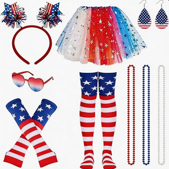 Women's Independence Day tulle tutu skirt with oversized bow headband over-the-knee star-striped stockings and matching arm sleeves Bowlift