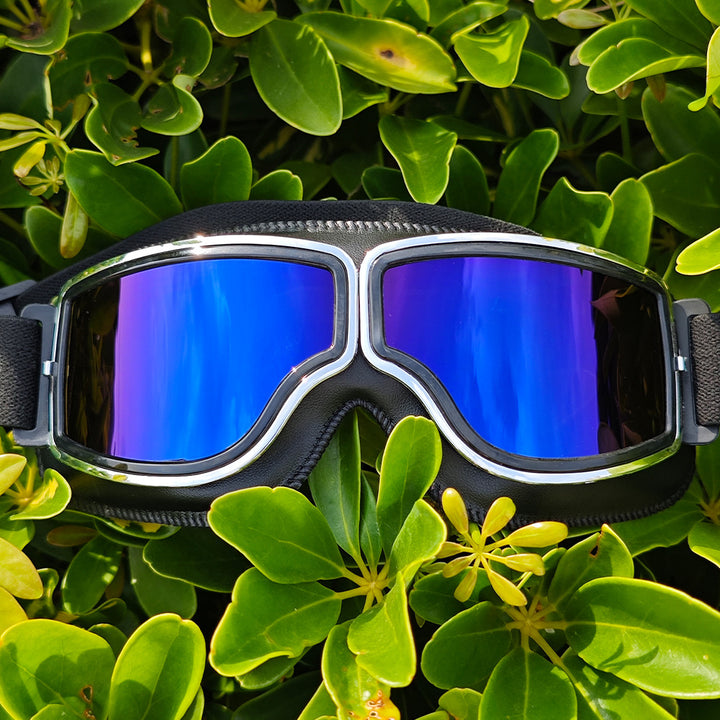 Polarized Mirrored Motorcycle Goggles with Leather Trim and Padded Foam Seal Bowlift