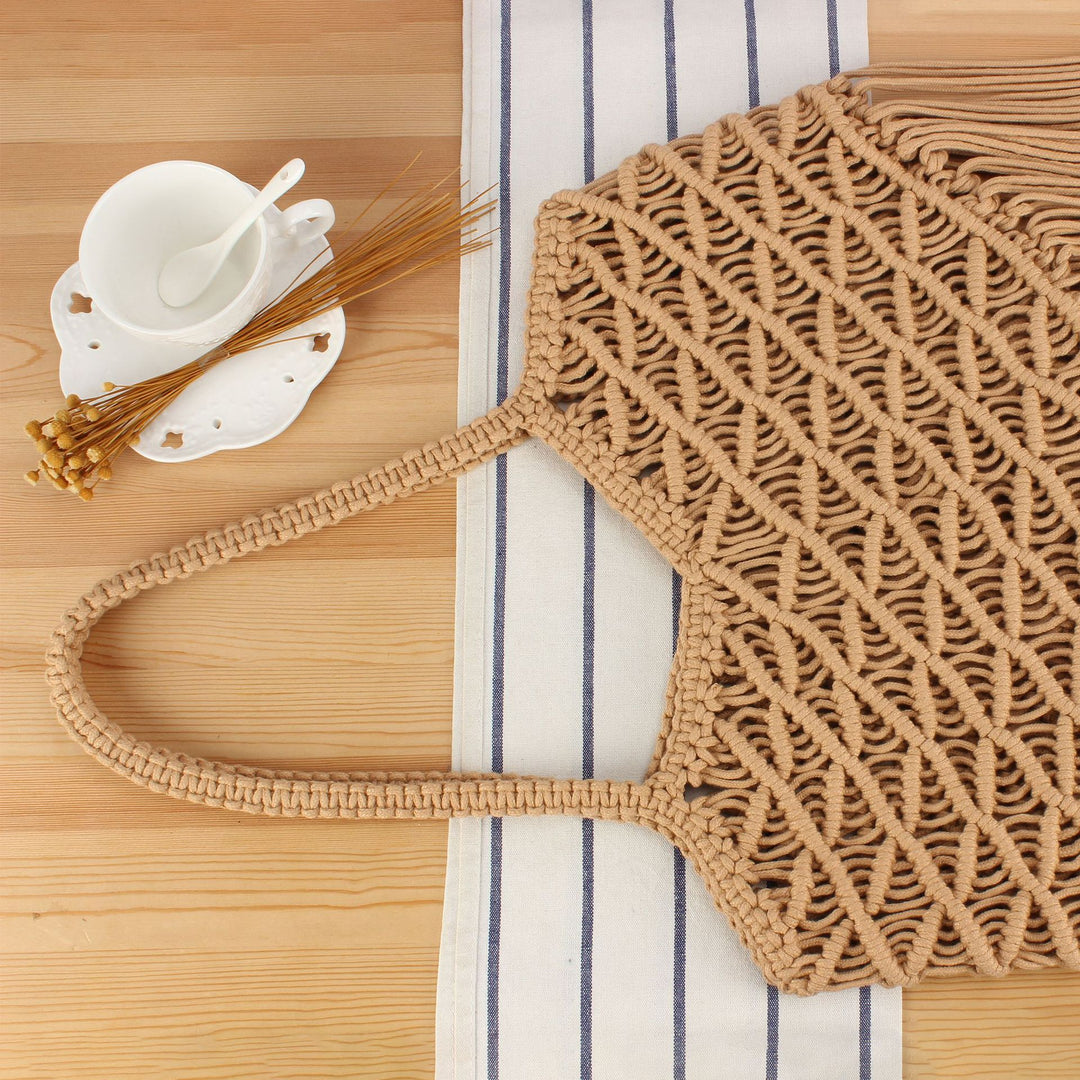 Macrame Tote Bag with Fringed Bottom Bowlift