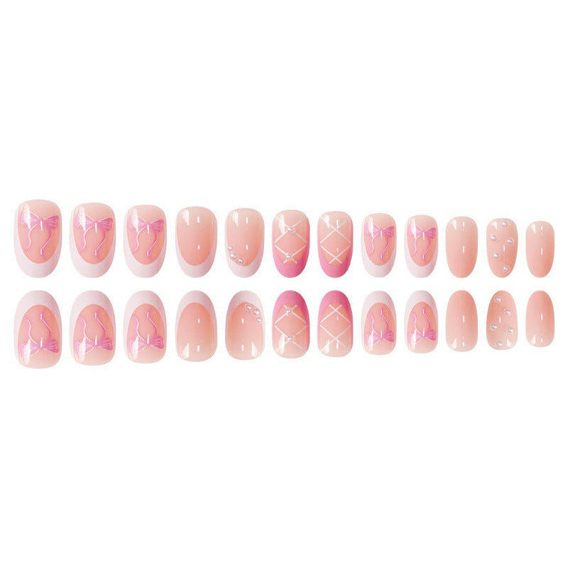 Elegant Decorative Press-On Nail Set with Bow and Pearl Accents Bowlift