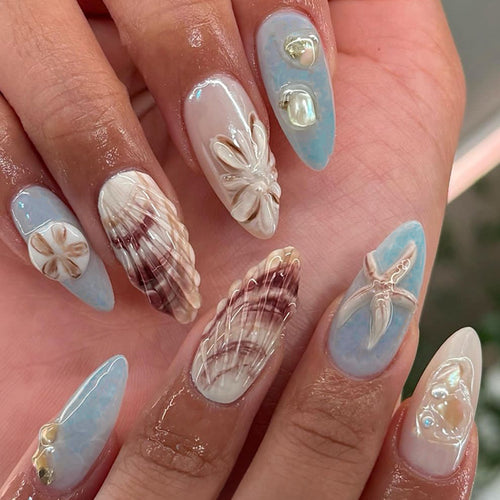 Decorative Press-On Nail Art Set with Coastal Theme Bowlift