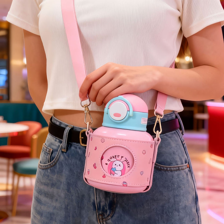 Women's Insulated Drinking Bottle with Cheerful Design and Practical Carry Strap Bowlift