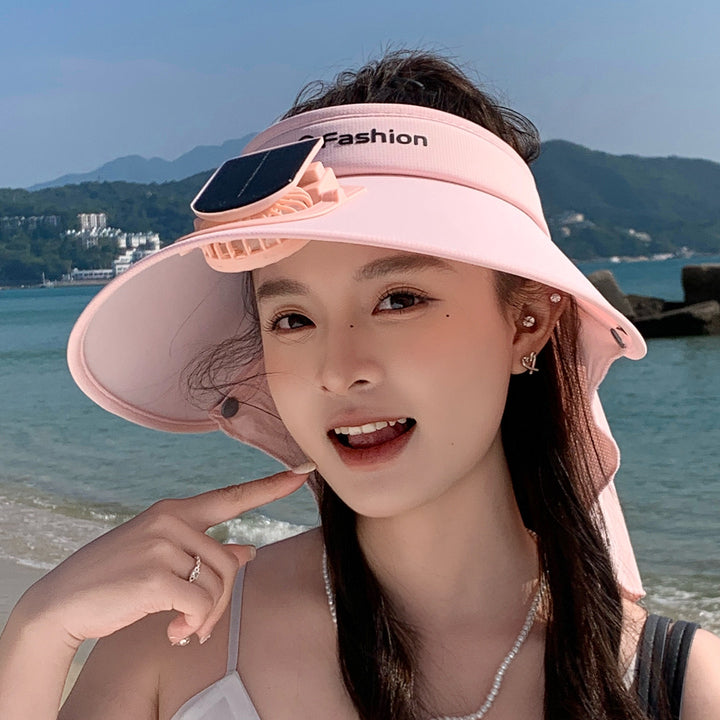 Visor with removable solar clip fan and UV protection neck strap Bowlift