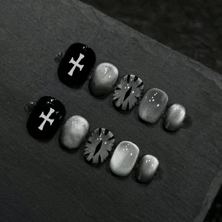Artistic Press-On Nail Set with Geometric Designs Bowlift
